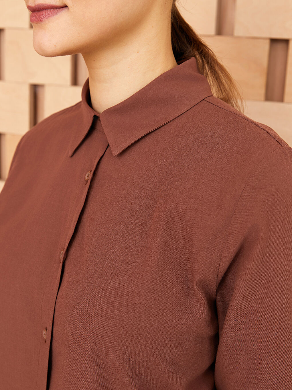 Kahverengi Düz Uzun Kollu Kadın Gömlek Tunik-3