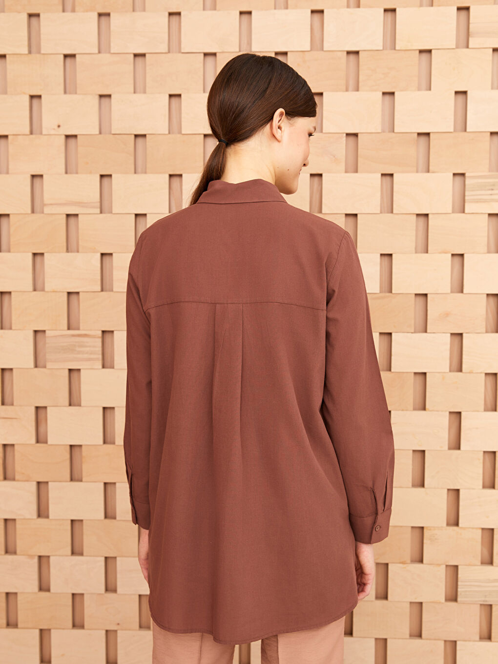 Kahverengi Düz Uzun Kollu Kadın Gömlek Tunik-4