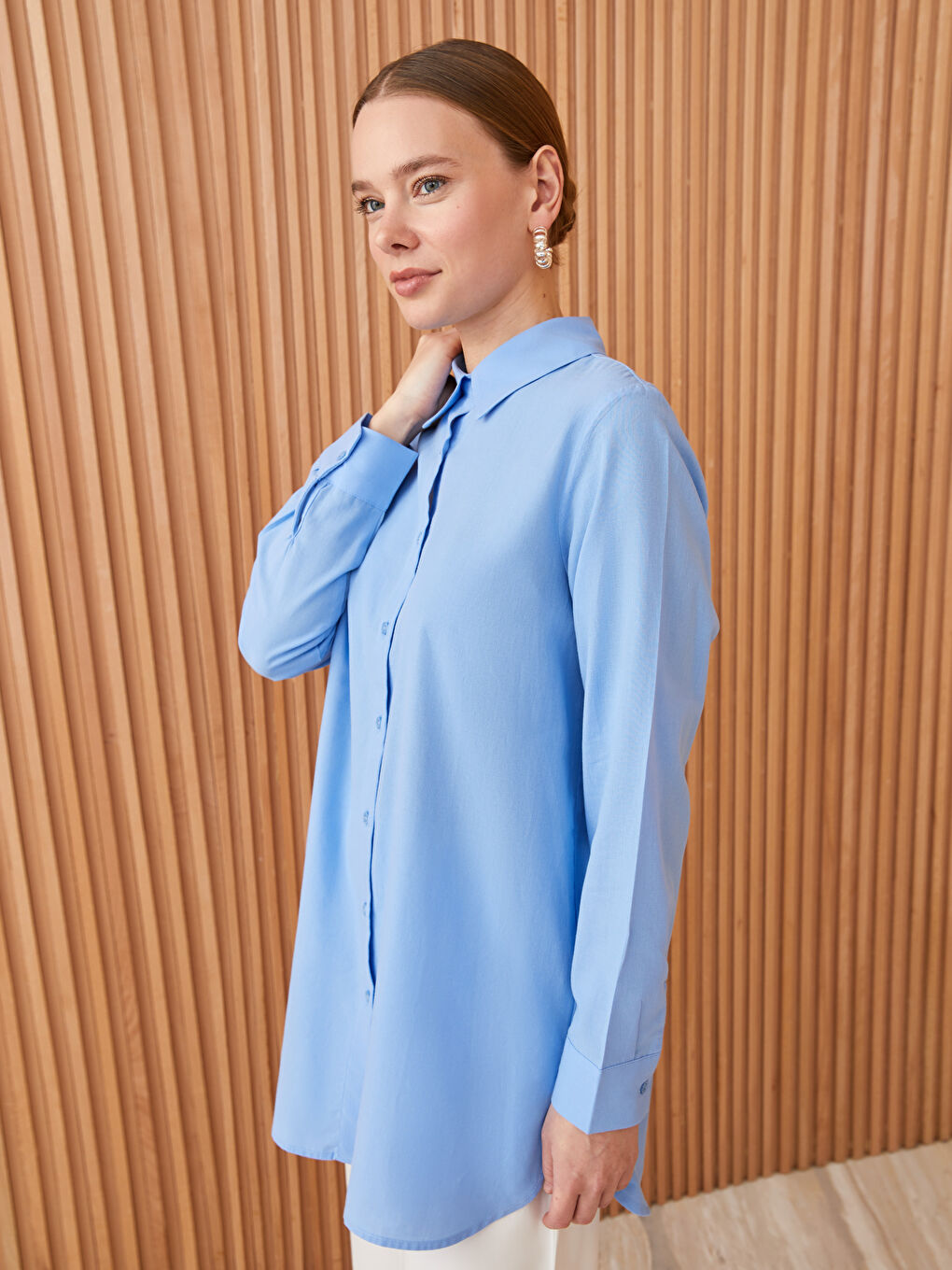 Mavi Düz Uzun Kollu Kadın Gömlek Tunik
