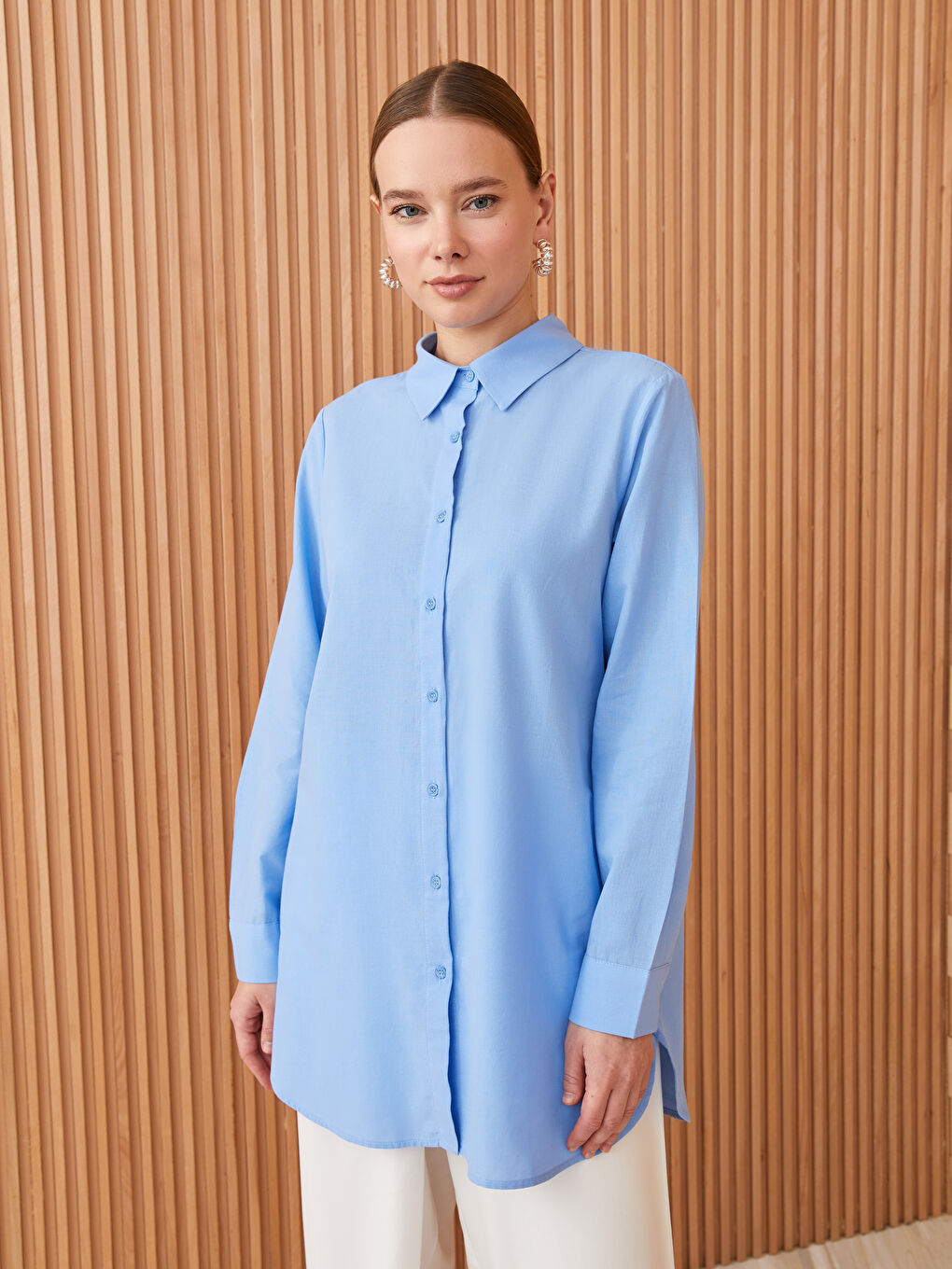 Mavi Düz Uzun Kollu Kadın Gömlek Tunik-1