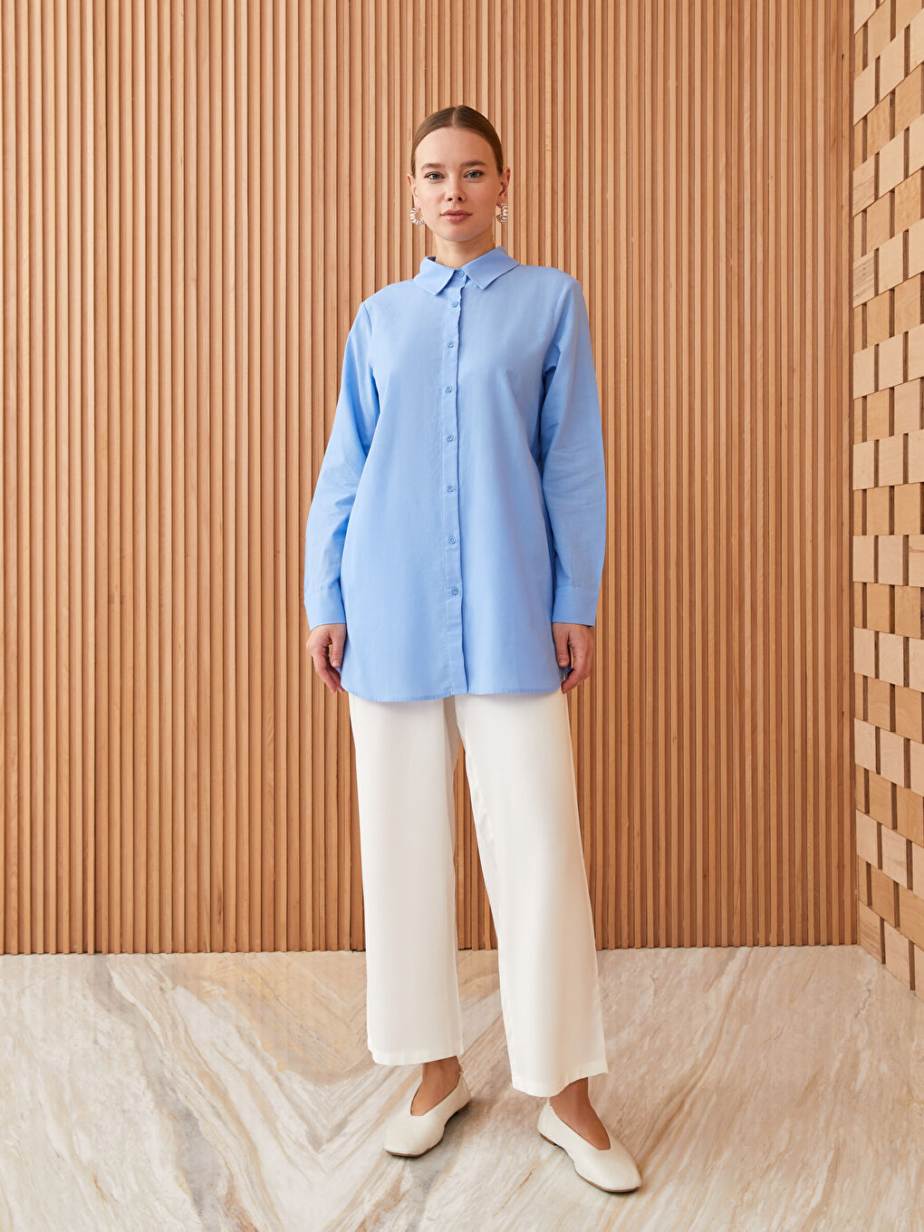 Mavi Düz Uzun Kollu Kadın Gömlek Tunik-2