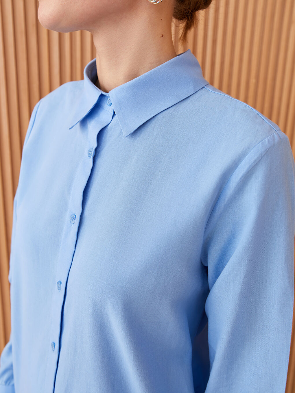 Mavi Düz Uzun Kollu Kadın Gömlek Tunik-3