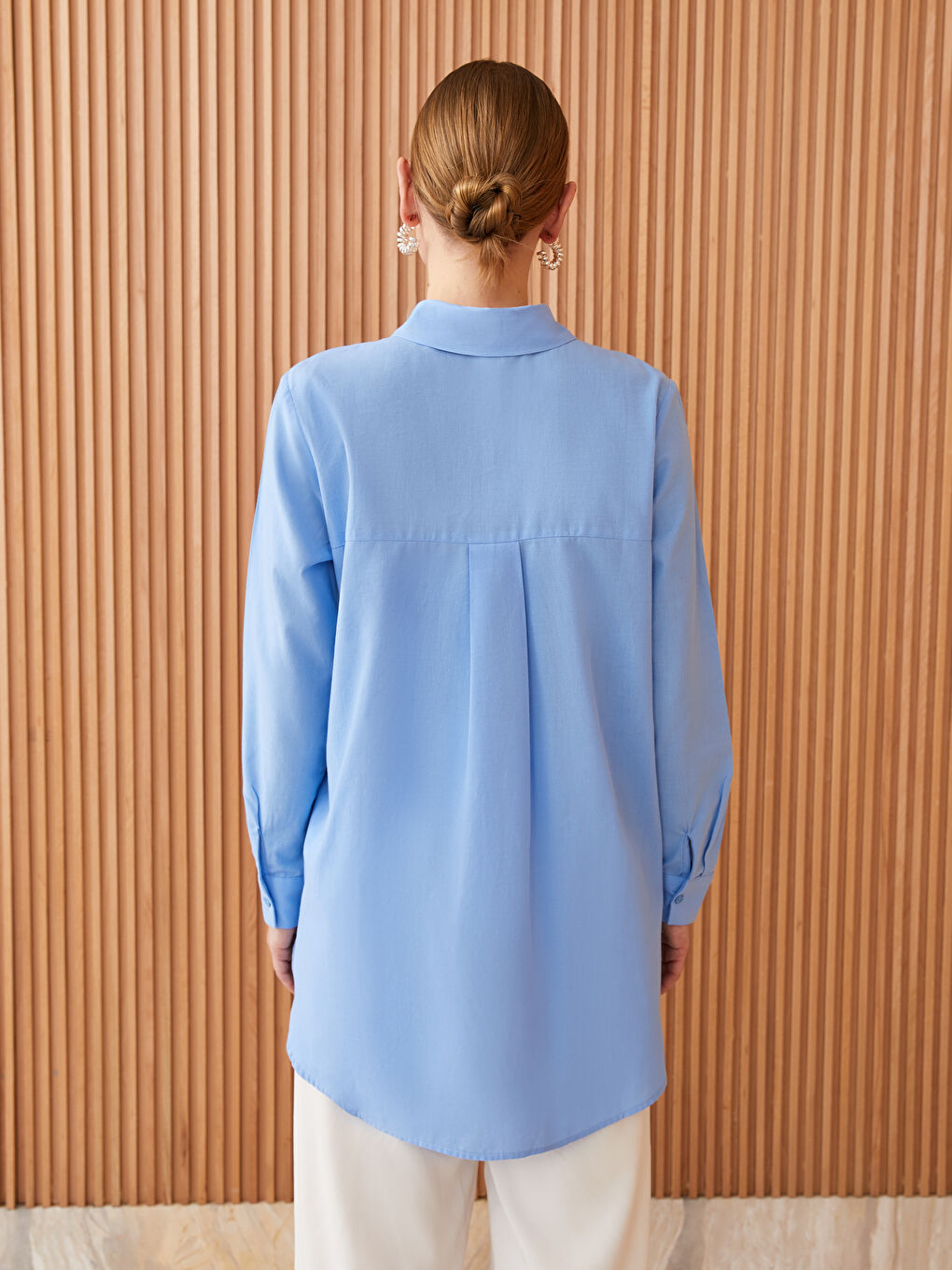 Mavi Düz Uzun Kollu Kadın Gömlek Tunik-4