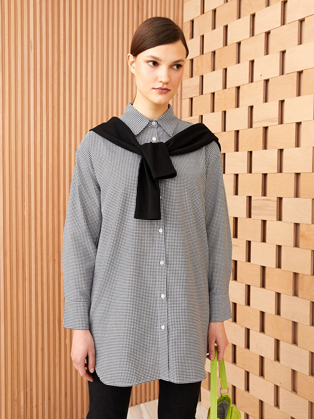 Siyah Ekose Uzun Kollu Kadın Gömlek Tunik