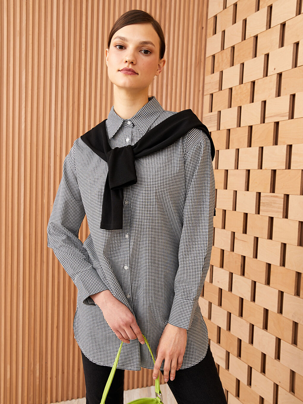 Siyah Ekose Uzun Kollu Kadın Gömlek Tunik-1