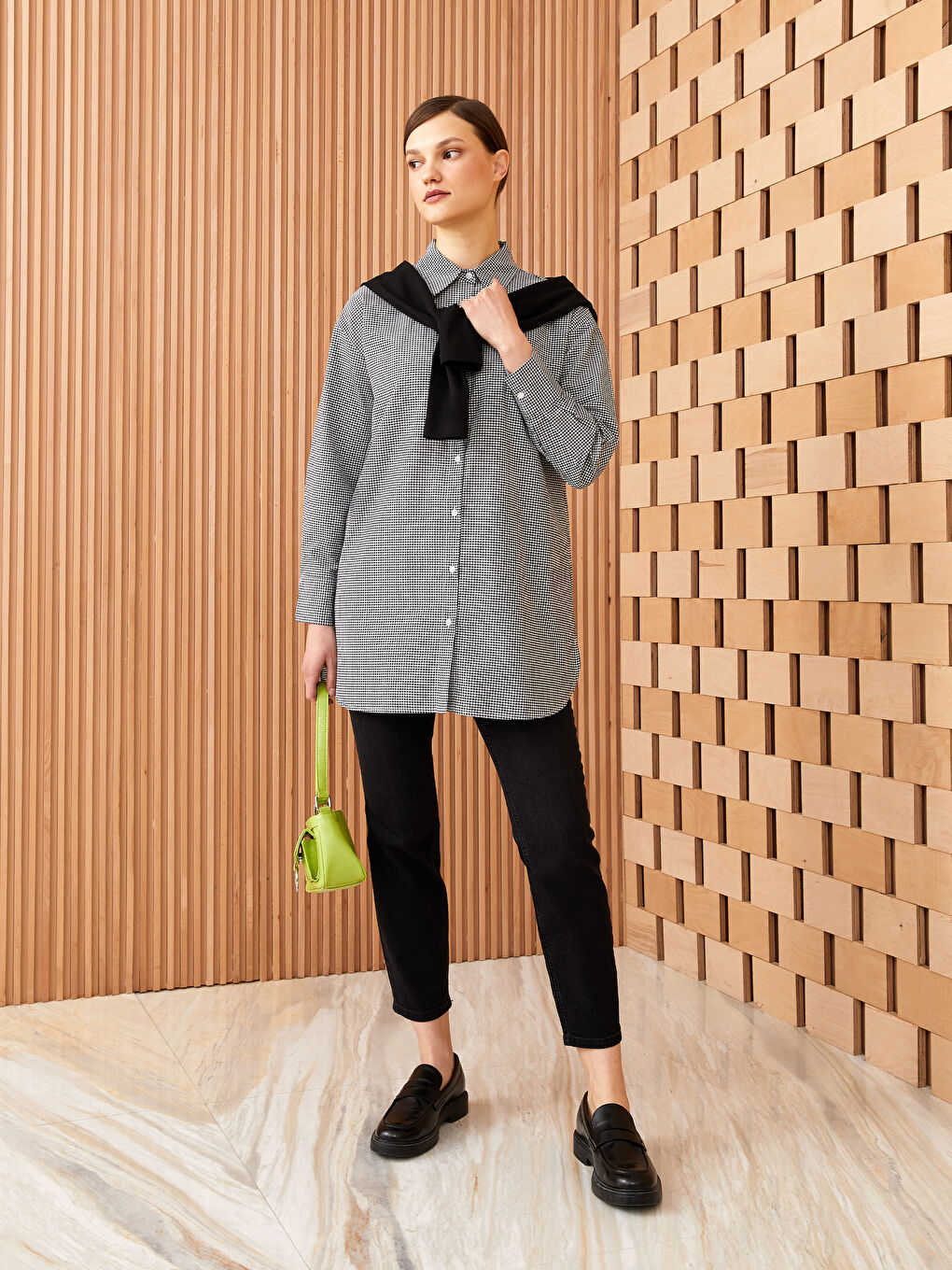 Siyah Ekose Uzun Kollu Kadın Gömlek Tunik-2