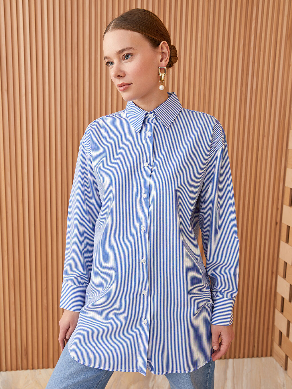 Striped Long Sleeve Poplin Women's Shirt Tunic