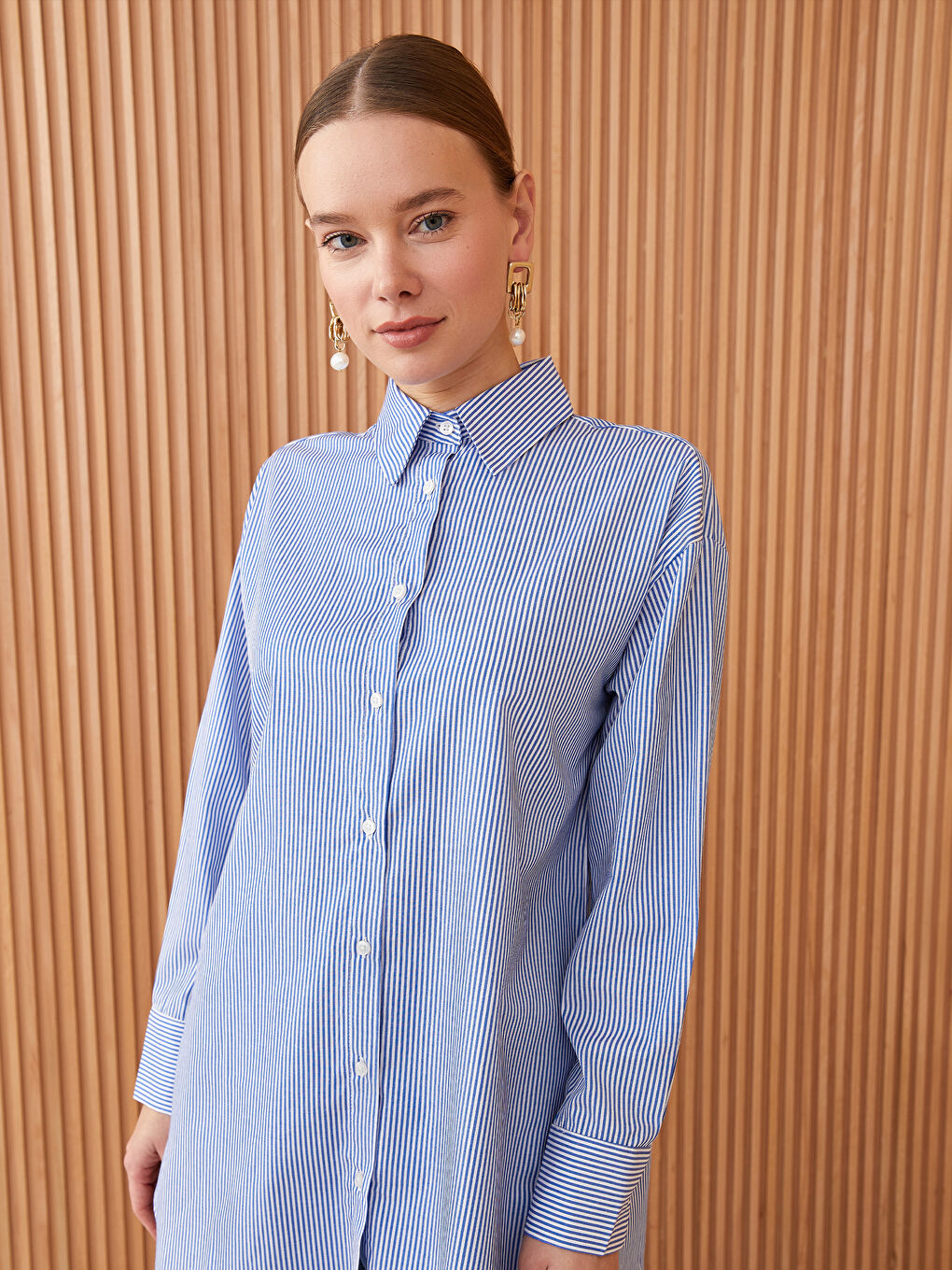 Striped Long Sleeve Poplin Women's Shirt Tunic-1