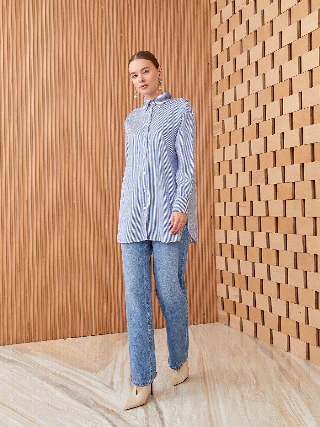 Striped Long Sleeve Poplin Women's Shirt Tunic-2