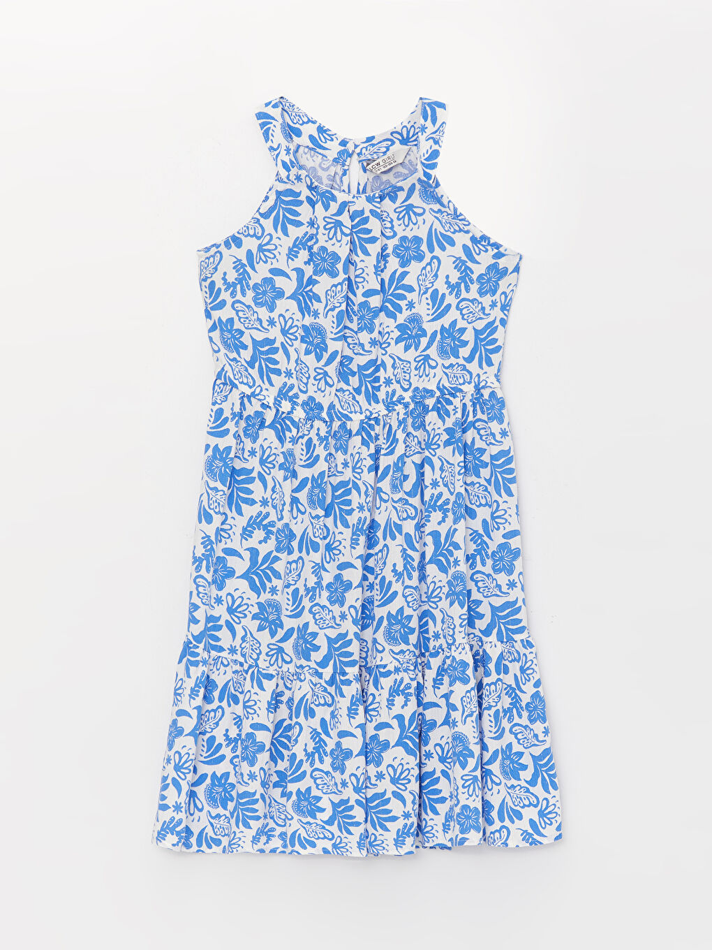 Mavi Halter Yaka Desenli Kız Çocuk Elbise