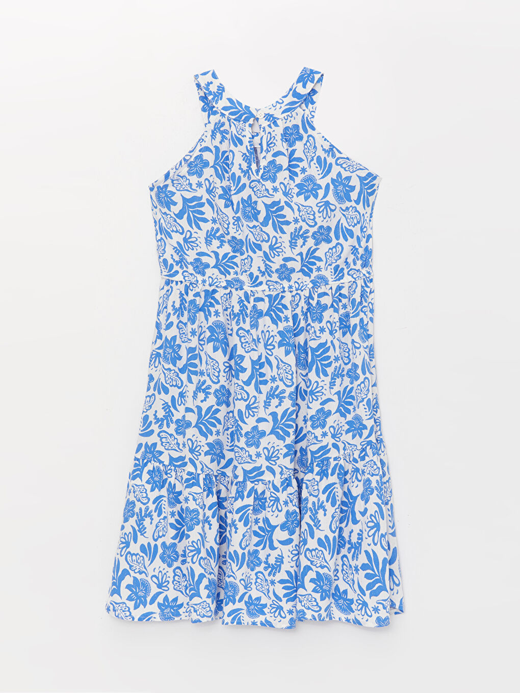 Mavi Halter Yaka Desenli Kız Çocuk Elbise-1