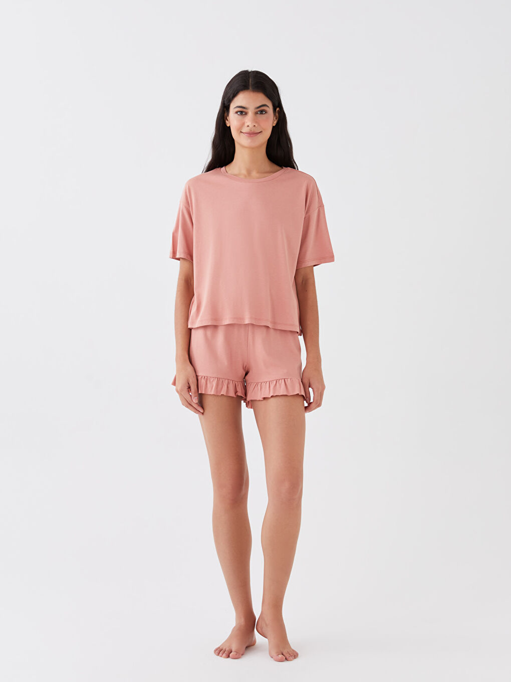 Pembe Bisiklet Yaka Düz Kısa Kollu Kadın Şortlu Pijama Takımı-1