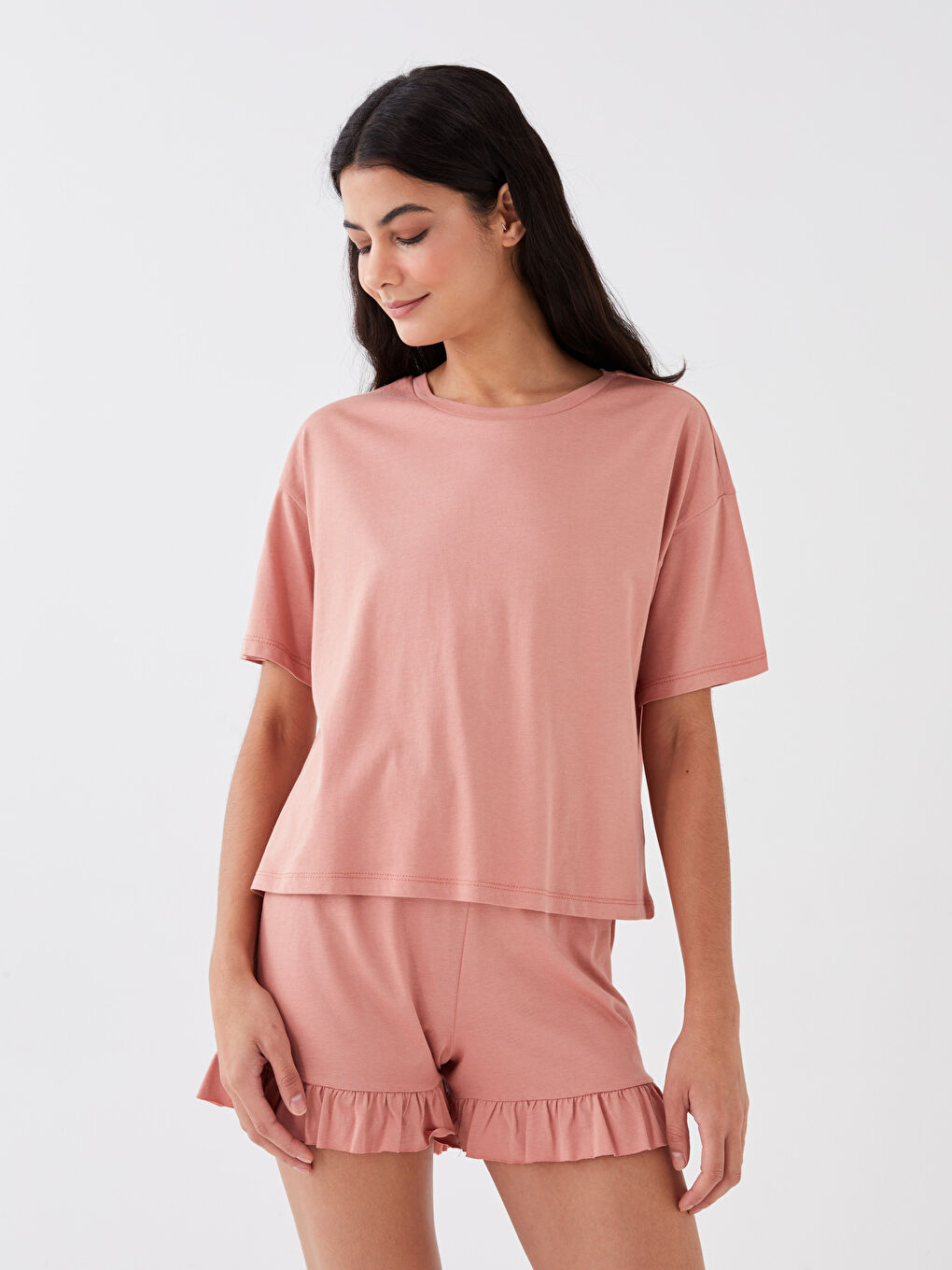 Pembe Bisiklet Yaka Düz Kısa Kollu Kadın Şortlu Pijama Takımı-2