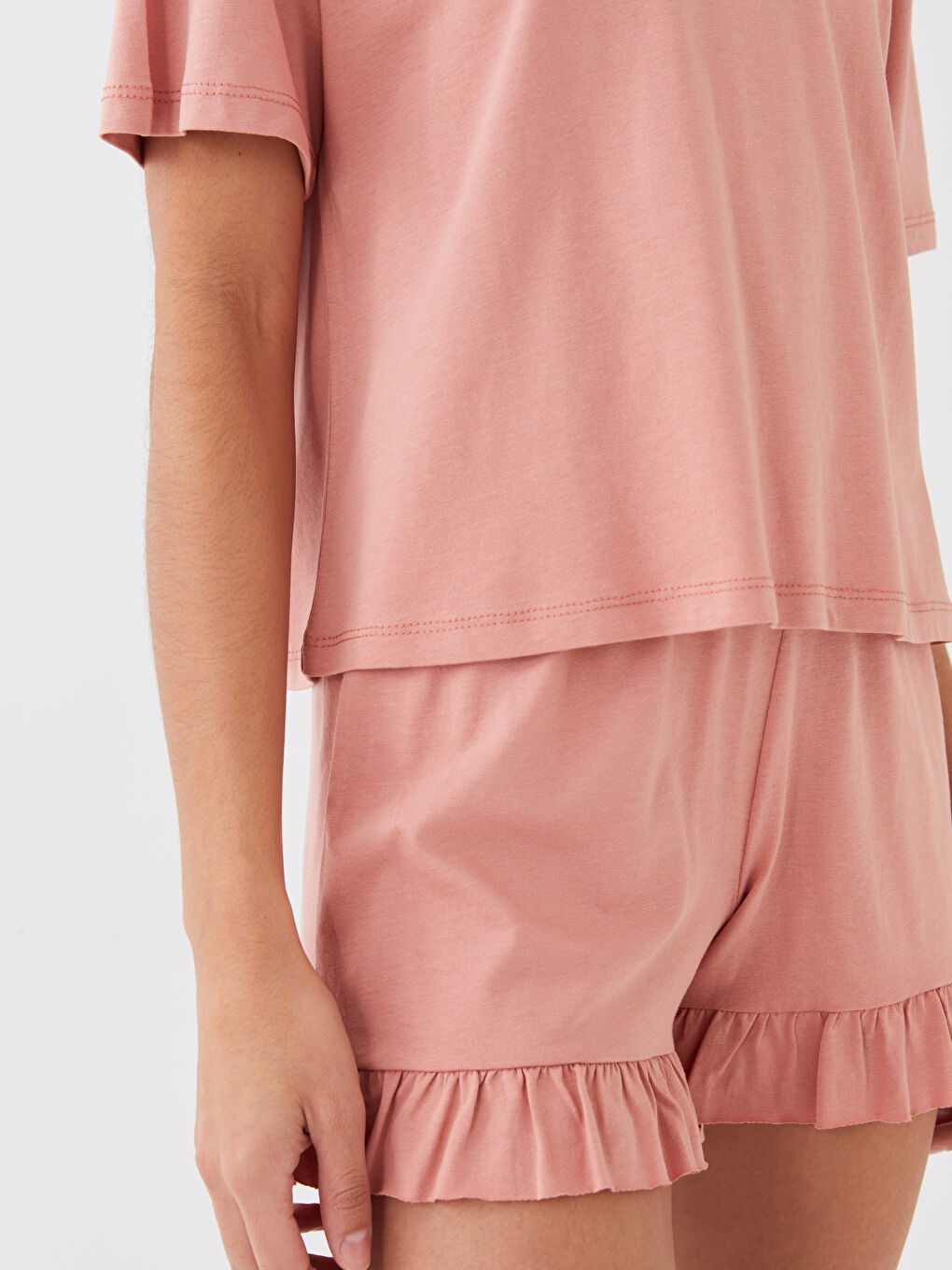 Pembe Bisiklet Yaka Düz Kısa Kollu Kadın Şortlu Pijama Takımı-3