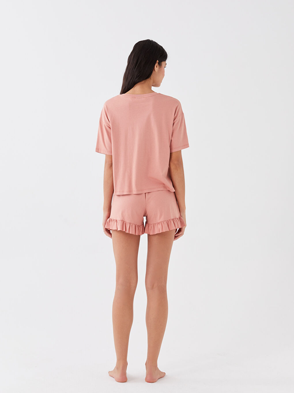 Pembe Bisiklet Yaka Düz Kısa Kollu Kadın Şortlu Pijama Takımı-4