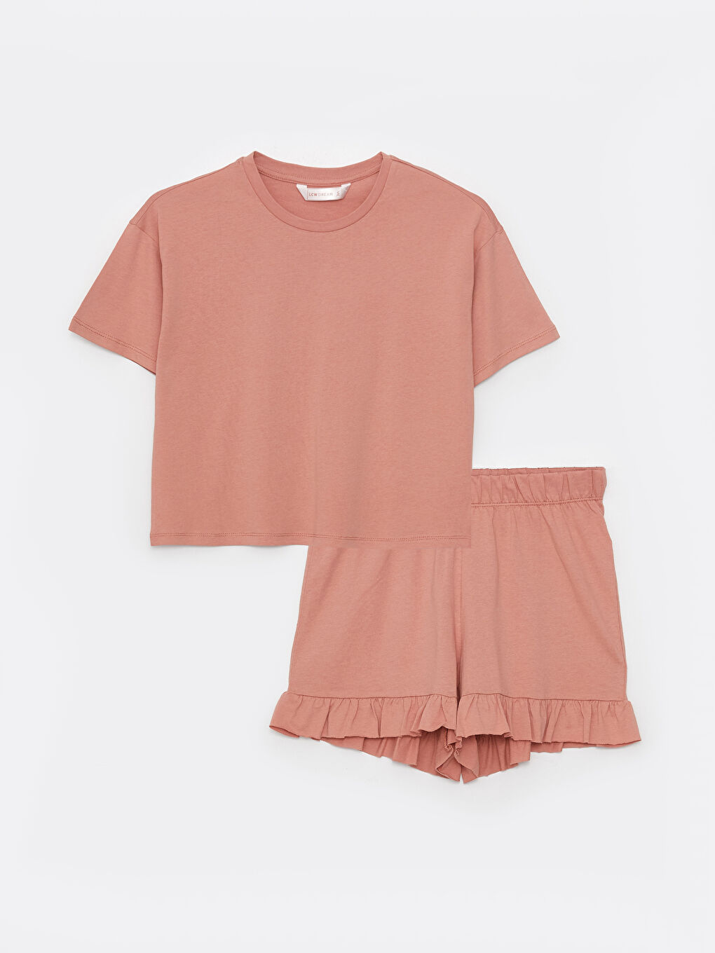 Pembe Bisiklet Yaka Düz Kısa Kollu Kadın Şortlu Pijama Takımı-5