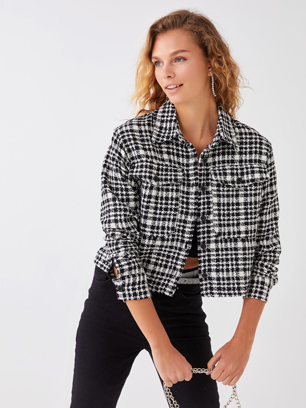 Sacou Crop din Țesătură Tweed cu Mânecă Lungă și Guler de Cămașă pentru Femei în Carouri