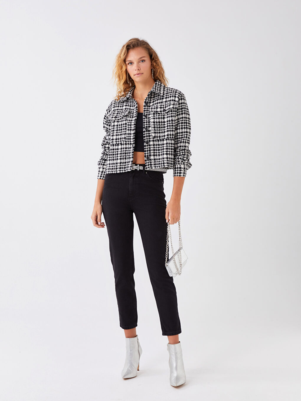 Sacou Crop din Țesătură Tweed cu Mânecă Lungă și Guler de Cămașă pentru Femei în Carouri-2