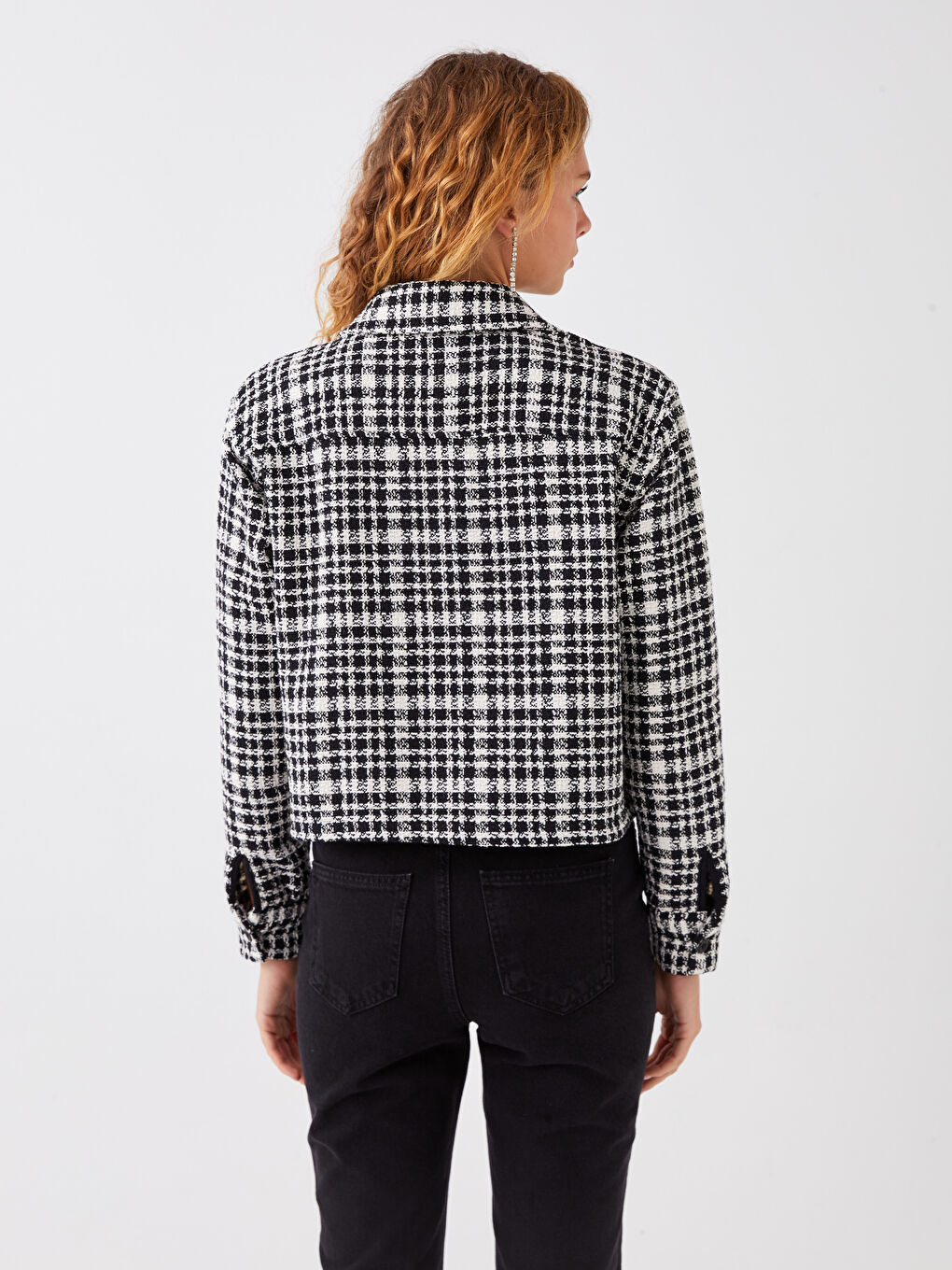 Sacou Crop din Țesătură Tweed cu Mânecă Lungă și Guler de Cămașă pentru Femei în Carouri-4