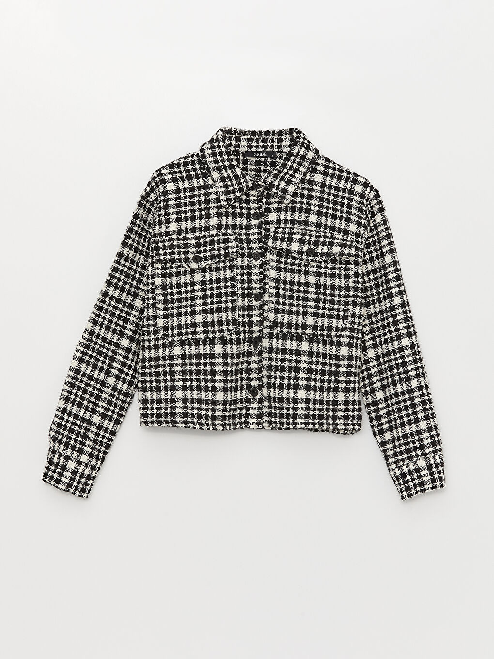 Sacou Crop din Țesătură Tweed cu Mânecă Lungă și Guler de Cămașă pentru Femei în Carouri-5