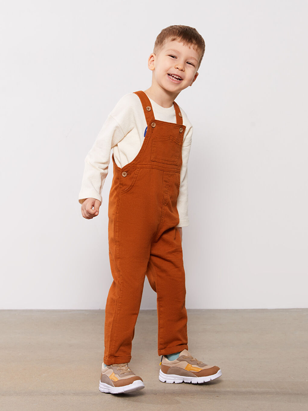 Kahverengi Kare Yaka Basic Erkek Bebek Salopet-1