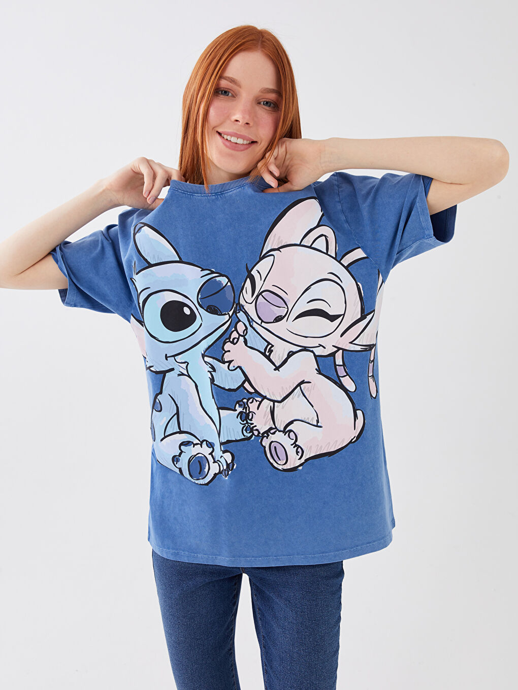 Crew Neck Lilo & Stitch Printed Short Sleeve Oversize Women's T-Shirt