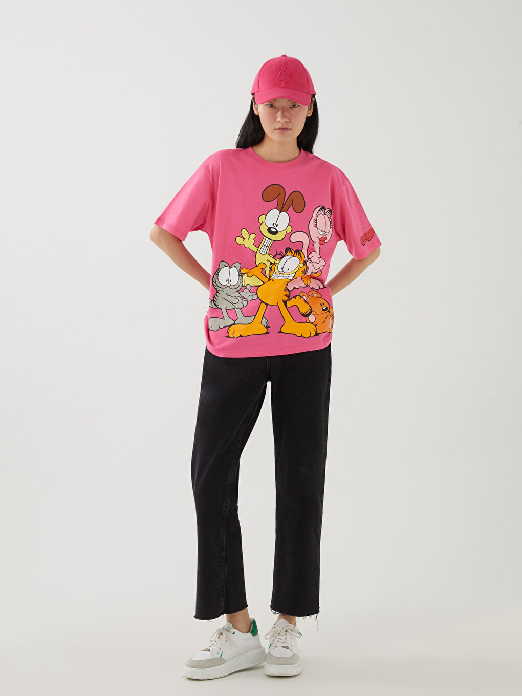 Tricou supradimensionat pentru femei cu mânecă scurtă, imprimat Garfield, guler rotund-1