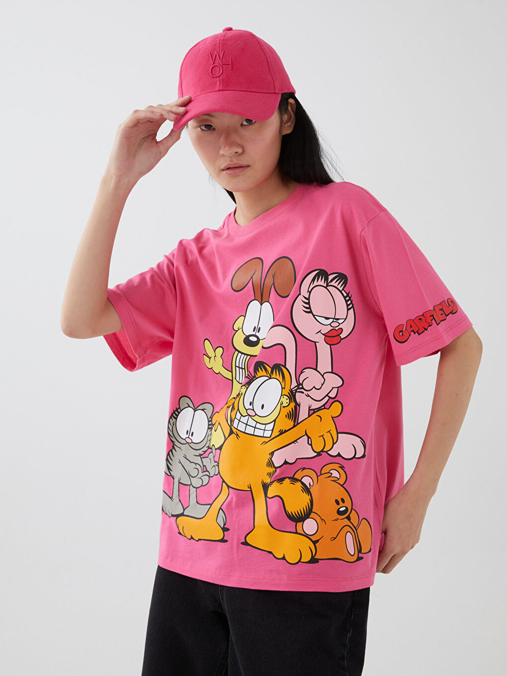 Tricou supradimensionat pentru femei cu mânecă scurtă, imprimat Garfield, guler rotund