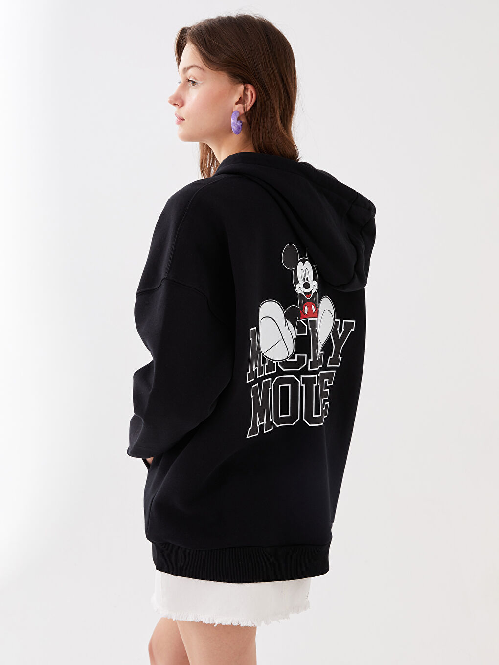 Siyah Kapüşonlu Mickey Mouse Baskılı Uzun Kollu Oversize Kadın Spor Hırka