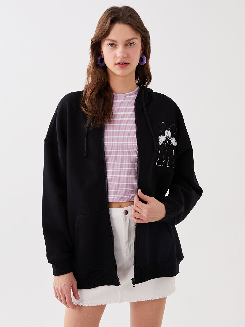 Siyah Kapüşonlu Mickey Mouse Baskılı Uzun Kollu Oversize Kadın Spor Hırka-1