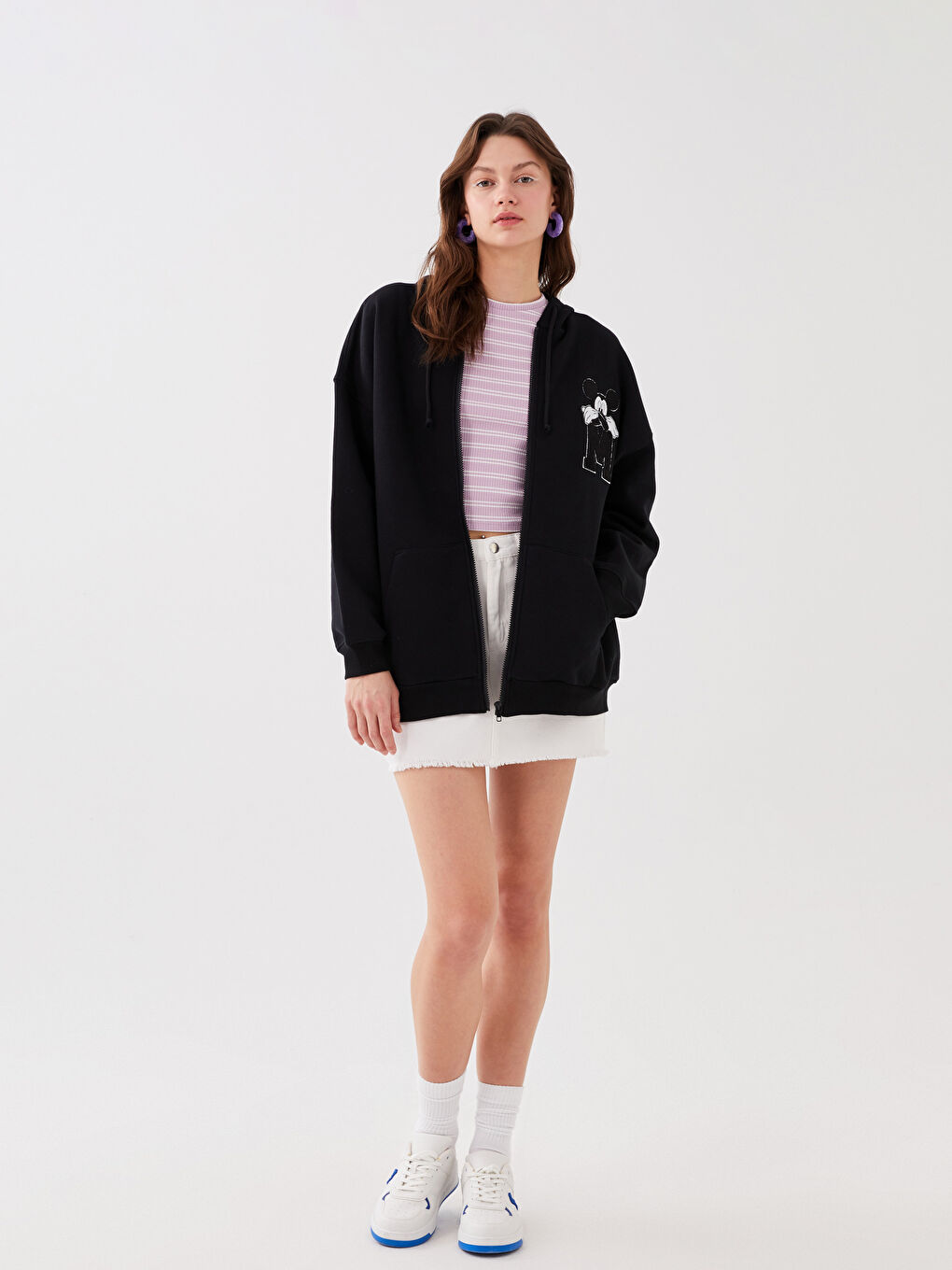Siyah Kapüşonlu Mickey Mouse Baskılı Uzun Kollu Oversize Kadın Spor Hırka-2
