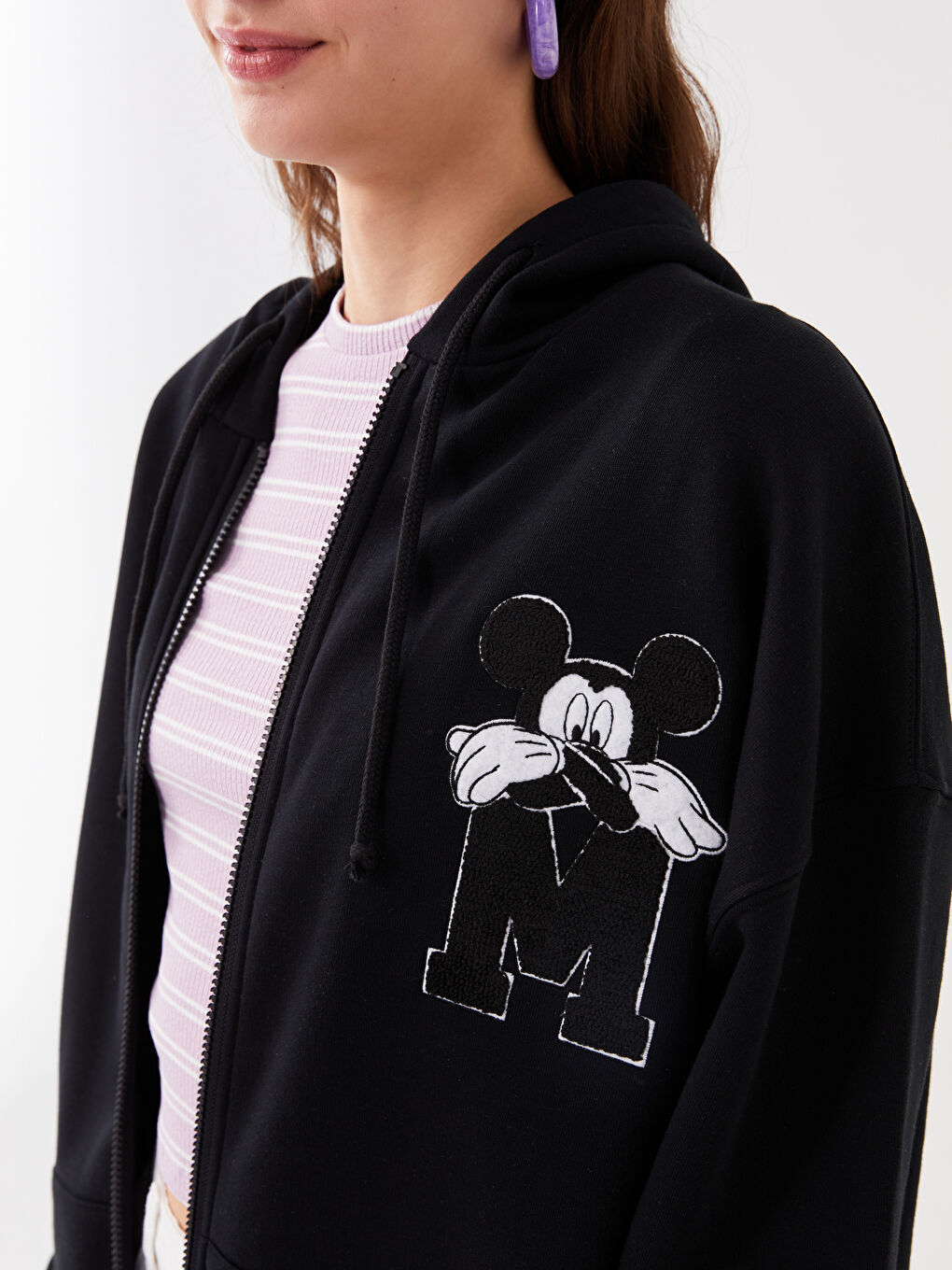 Siyah Kapüşonlu Mickey Mouse Baskılı Uzun Kollu Oversize Kadın Spor Hırka-3