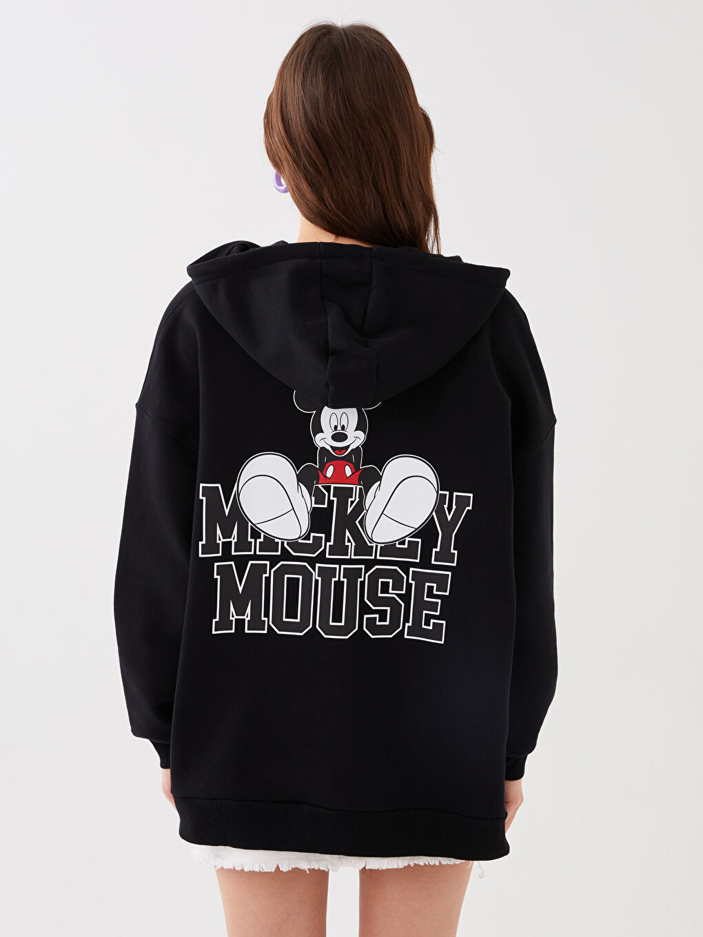 Siyah Kapüşonlu Mickey Mouse Baskılı Uzun Kollu Oversize Kadın Spor Hırka-4