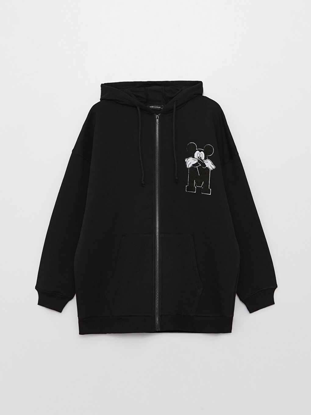 Siyah Kapüşonlu Mickey Mouse Baskılı Uzun Kollu Oversize Kadın Spor Hırka-5