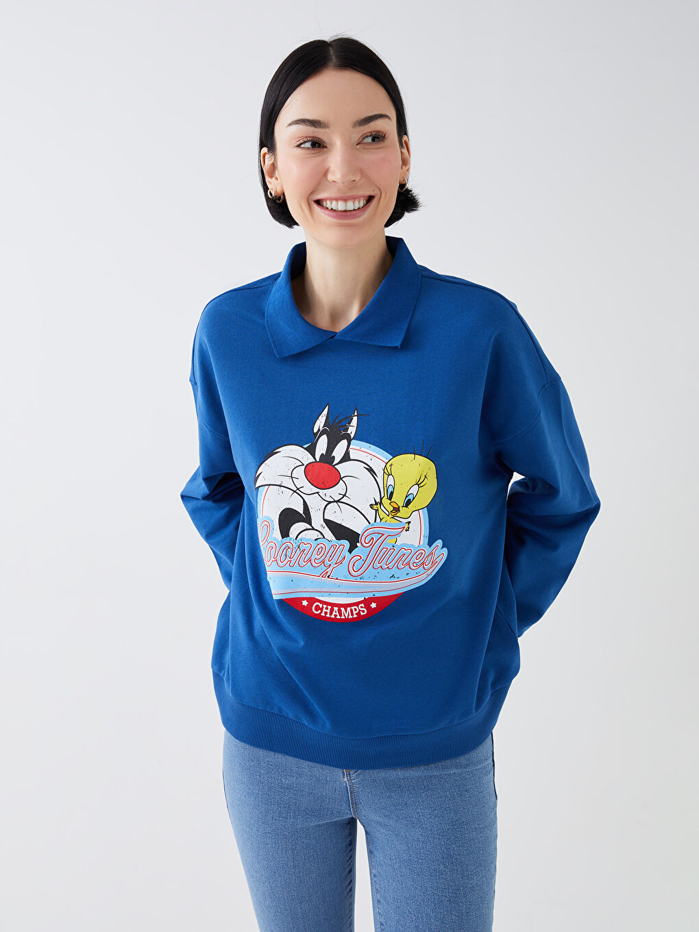 Polo Neck Sylvester and Tweety Printed Women's Sweatshirt -S3CD88Z8-R4B