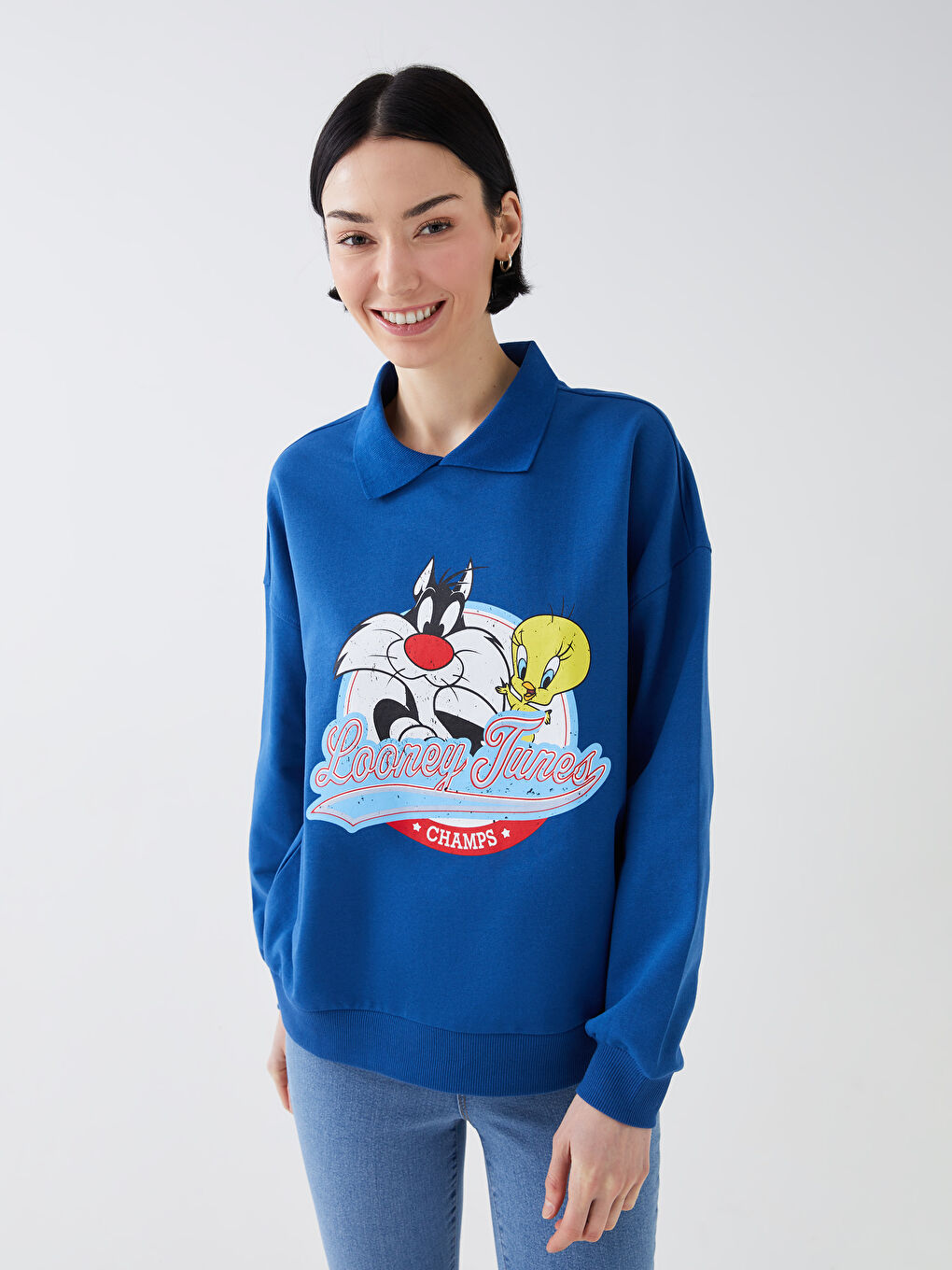Polo Neck Sylvester and Tweety Printed Women's Sweatshirt -S3CD88Z8-R4B