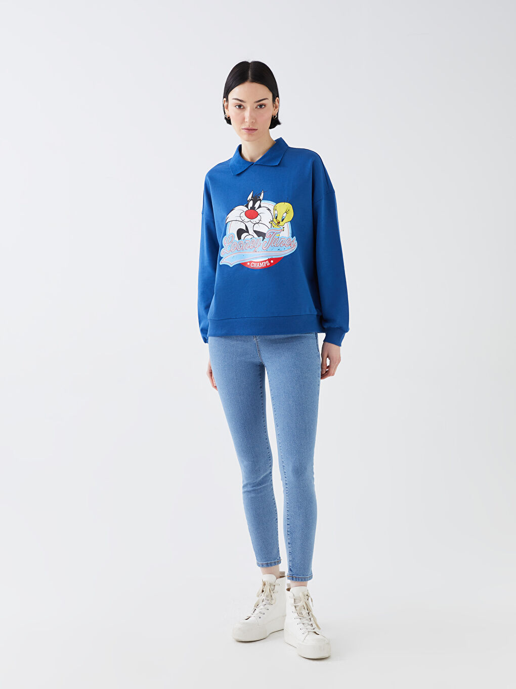 Polo Neck Sylvester and Tweety Printed Women's Sweatshirt -S3CD88Z8-R4B