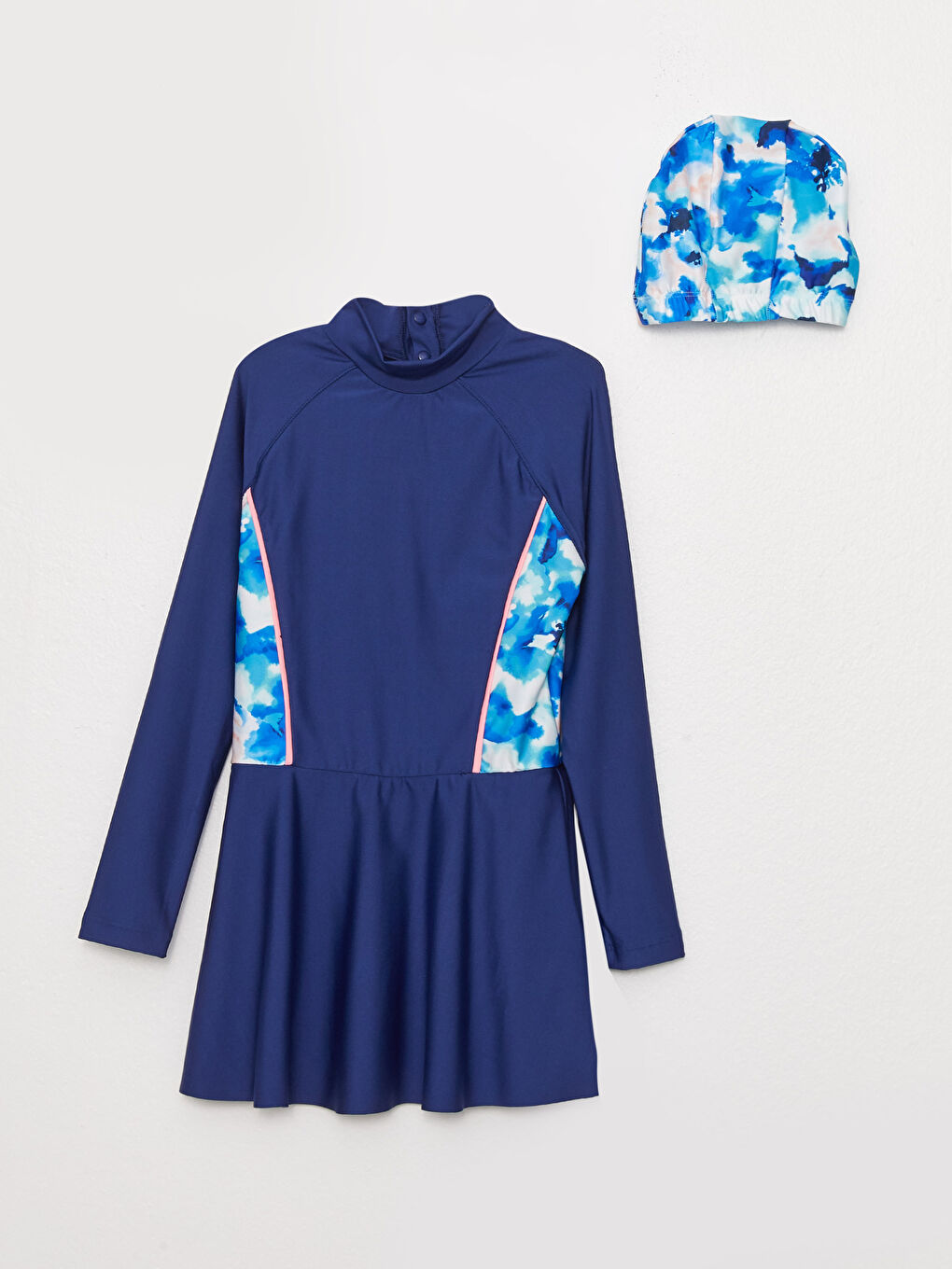 Lacivert Dik Yaka Baskılı Uzun Kollu Kız Çocuk Mayo Tayt ve Bone-1