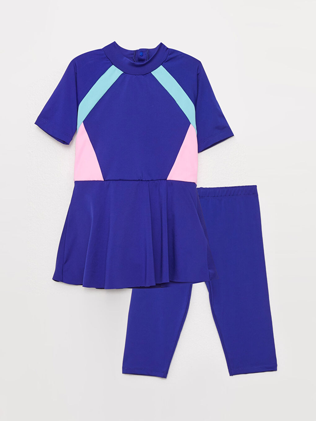 Stand Up Collar Color Block Short Sleeve Girl's Skirted Swimsuit and Tights