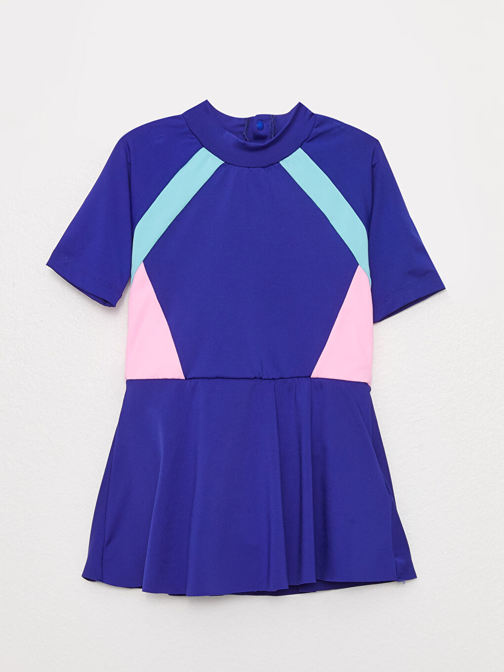 Stand Up Collar Color Block Short Sleeve Girl's Skirted Swimsuit and Tights-1