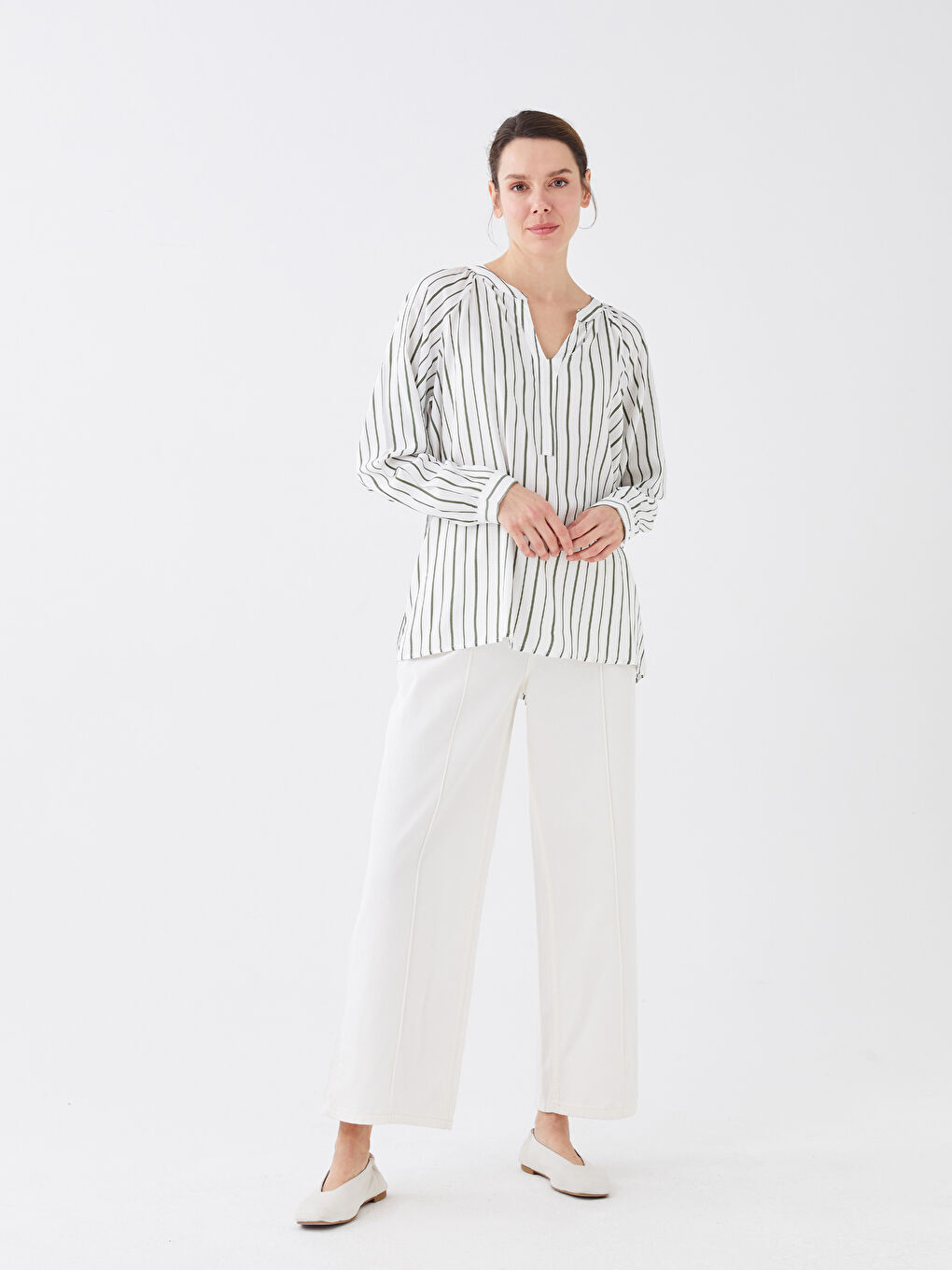 Haki Kaçık Yaka Çizgili Uzun Kollu Kadın Bluz-2