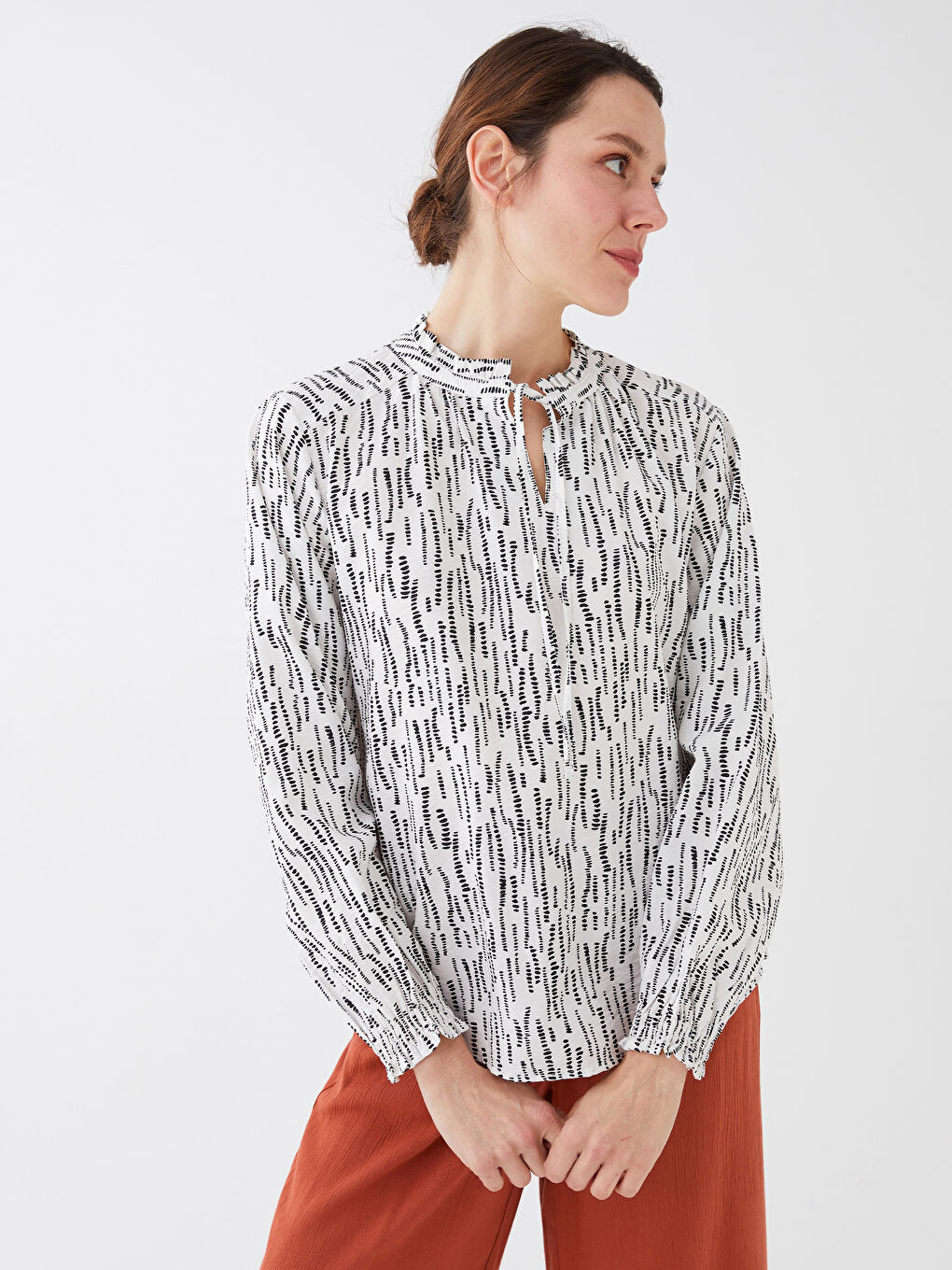 Tie Neck Patterned Long Sleeve Women's Blouse