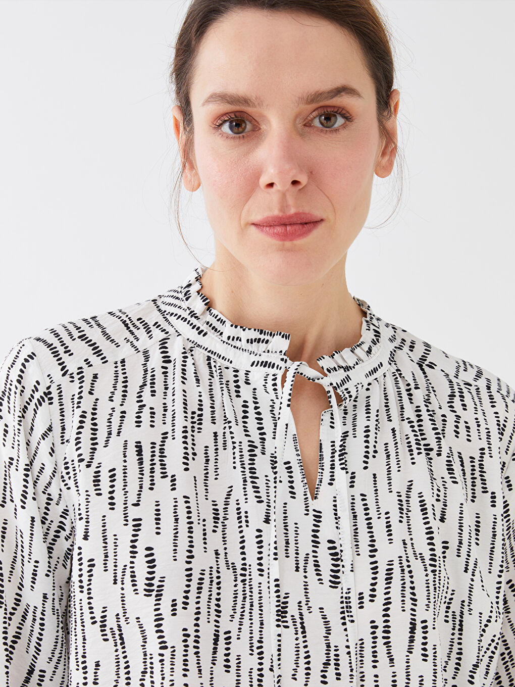 Tie Neck Patterned Long Sleeve Women's Blouse-1
