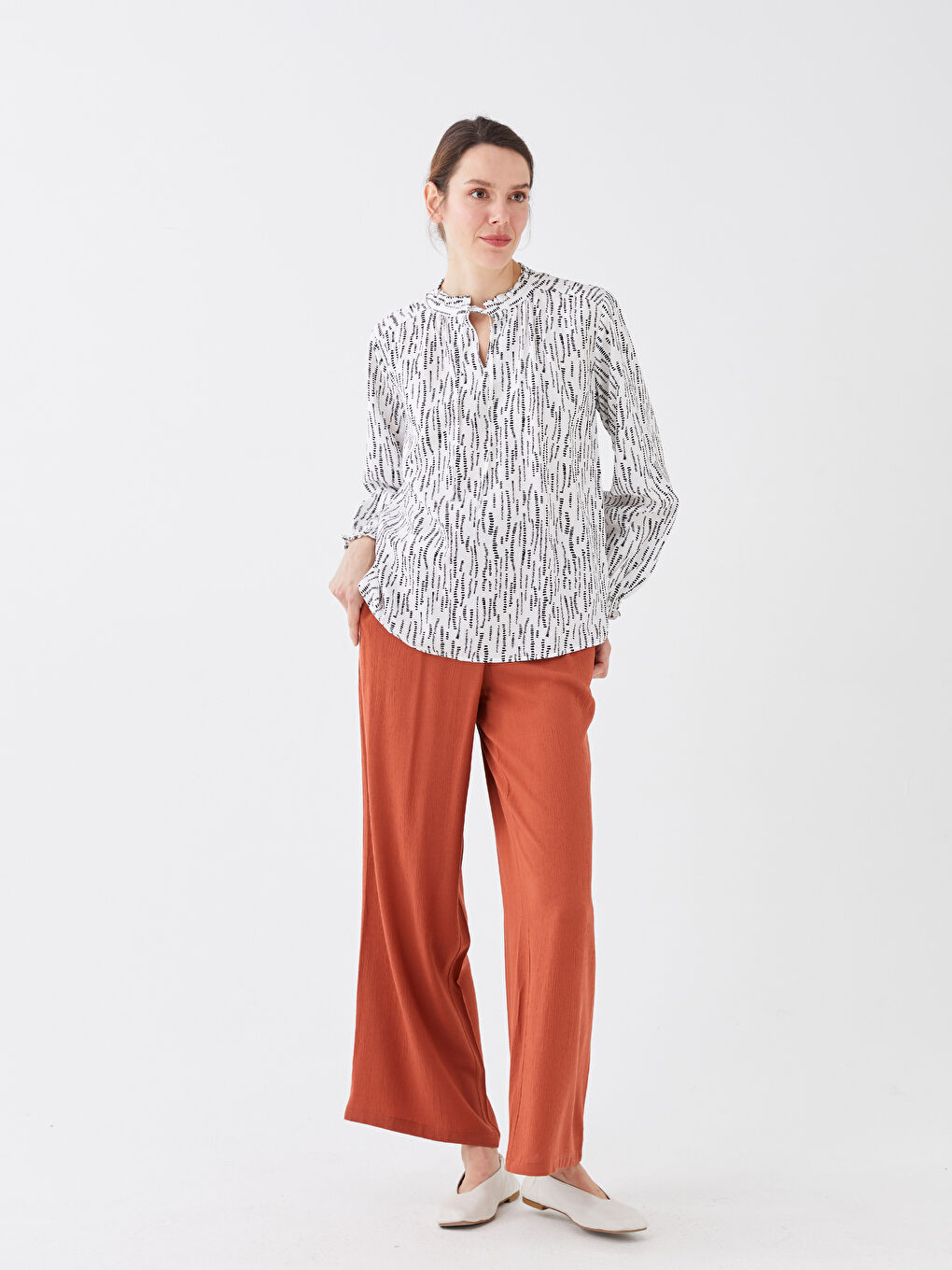 Tie Neck Patterned Long Sleeve Women's Blouse-2