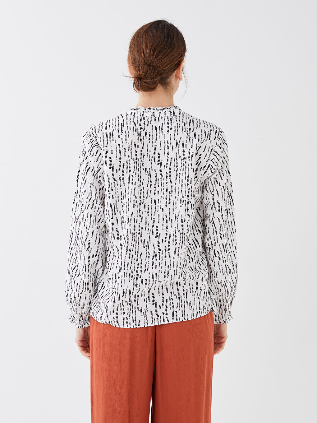 Tie Neck Patterned Long Sleeve Women's Blouse-4