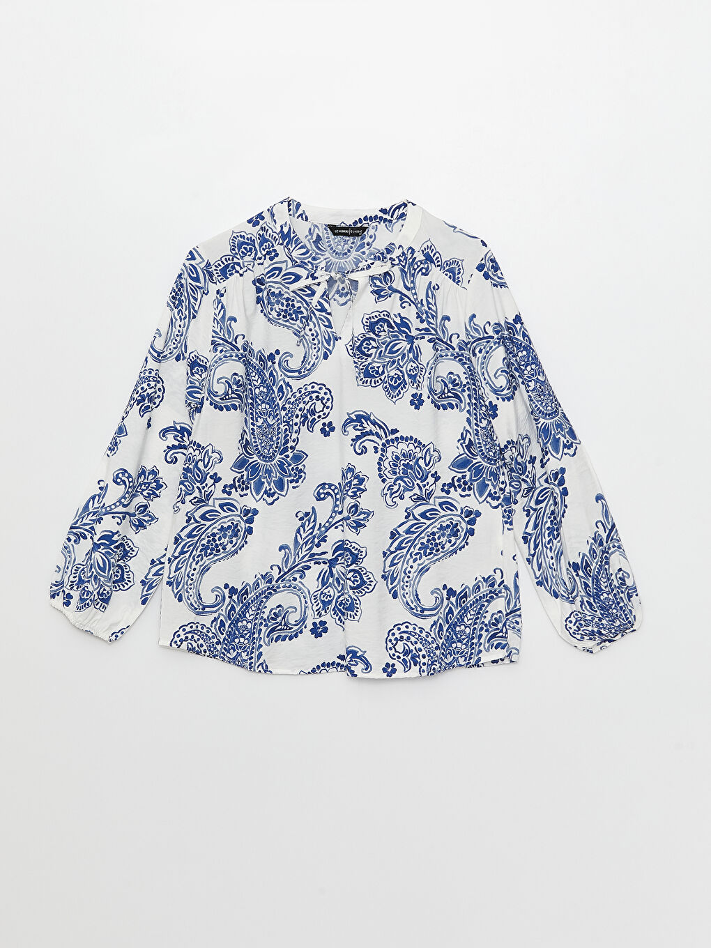 Mavi Bağlamalı Yaka Desenli Uzun Kollu Kadın Gömlek-5