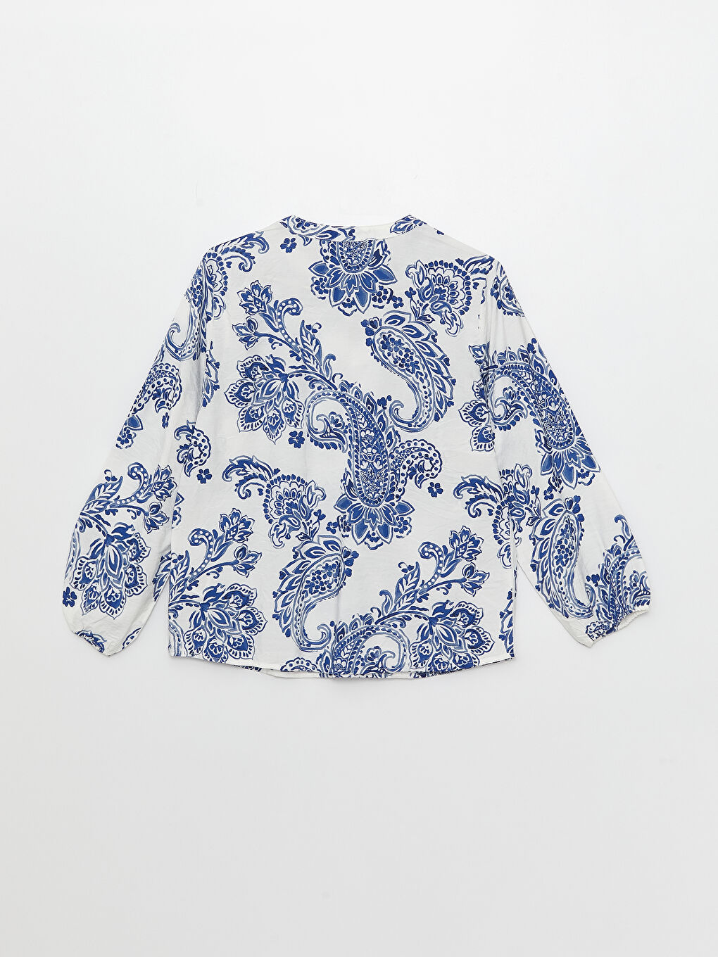 Mavi Bağlamalı Yaka Desenli Uzun Kollu Kadın Gömlek-6