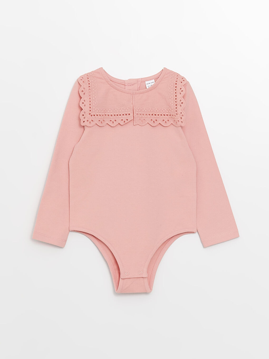 Дөңгелек жағалы ұзын жең кестеленген детальды қыз балаға арналған түймесі бар боди