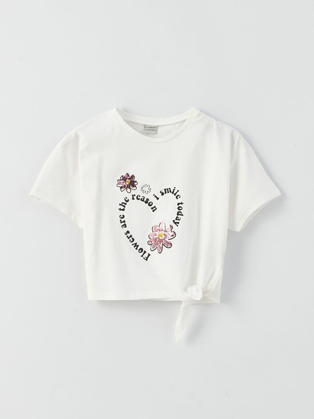 LCW Kids Ekru Bisiklet Yaka Çift Yönlü Payetli Kısa Kollu Kız Çocuk Crop Tişört - 1