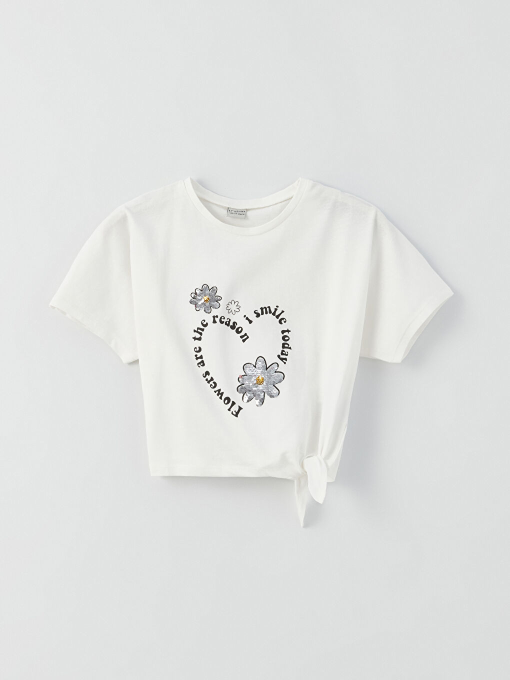 LCW Kids Ekru Bisiklet Yaka Çift Yönlü Payetli Kısa Kollu Kız Çocuk Crop Tişört - 2